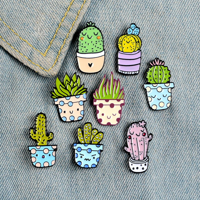 

2021 Summer Enamel Cartoon Potted Plant Cactus Aloe Brooches Badges For Kids Women Trendy Friends Children Shirt Bag Lapel Pins