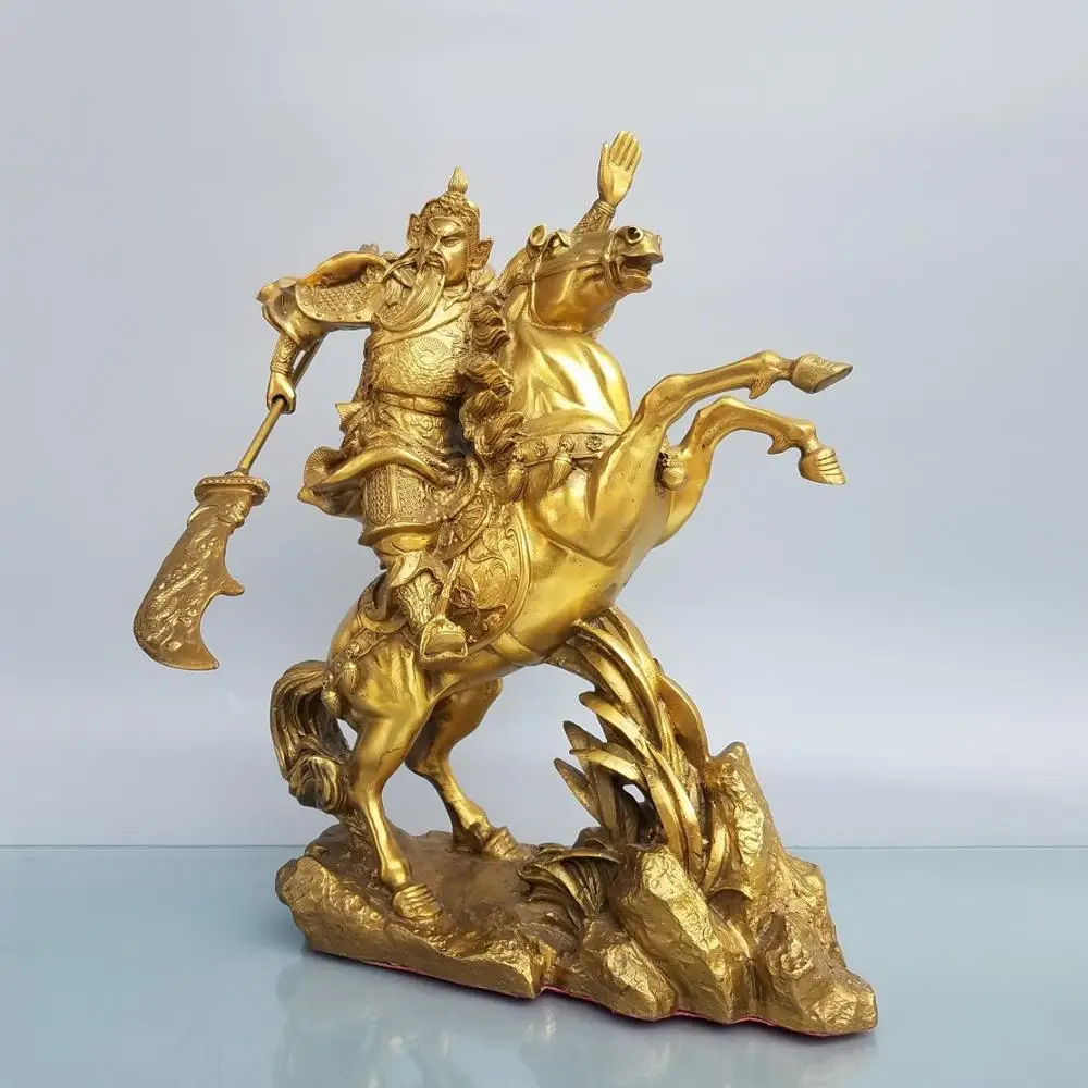 Home Decor 14" Chinese Seikos Bronze Equestrian Guan Gong Statue Guan Yu God of Wars Horse riding with Guan Gong knife