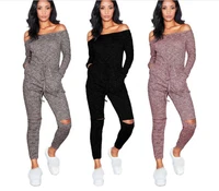 fashion sexy off shoulder jumpsuits women long sleeve casual rompers knitted hole jumpsuit female elastic waist overalls