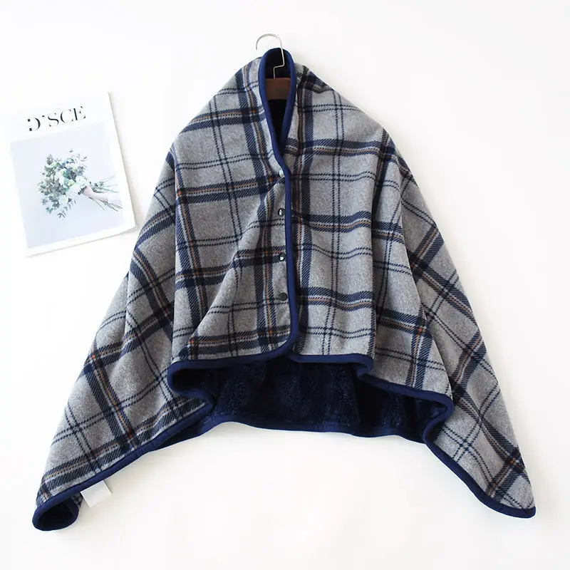 2021 Warm Shawl Blanket Cloak Wearable Flannel Hood Dual Sided Plaid with Button Plush Shawl Thicken Throw Black Cape