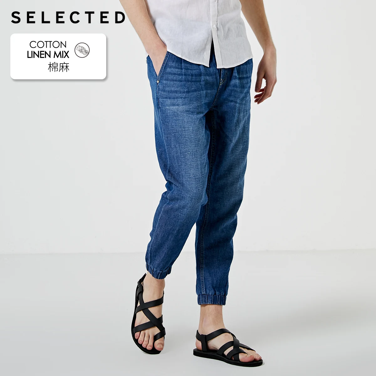 Мужские хлопковые и льняные джинсовые брюки с завязками на лодыжке повседневные