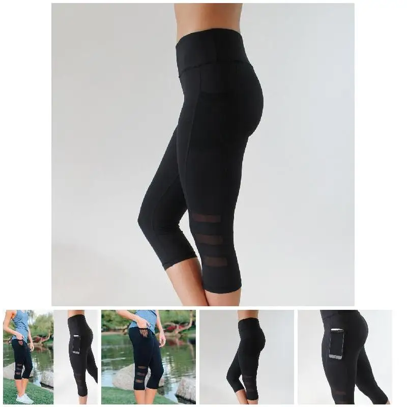 

Sexy Women Yoga Leggings Capri Pants Leggings Sport Fitness Gym High Waist Mesh 3/4 Trousers LDF668