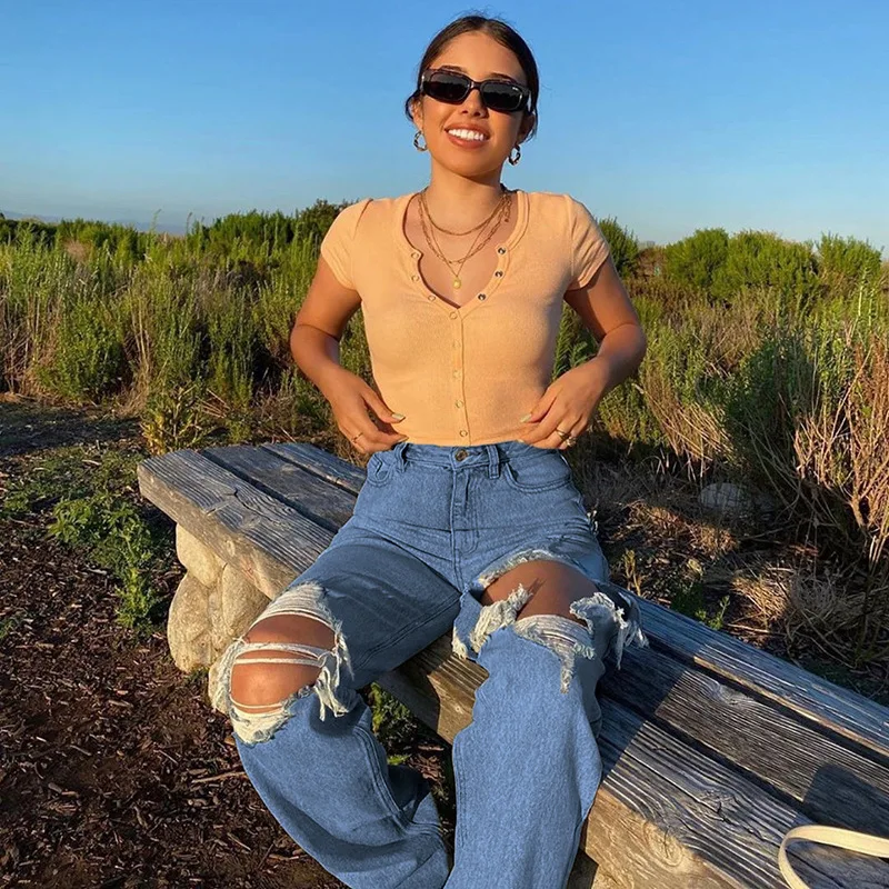 

2021 Women Loose Fit Jeans Ripped Wide Leg For Women High Waist Blue Wash Casual Cotton Denim Trousers Summer Baggy Jean Pants