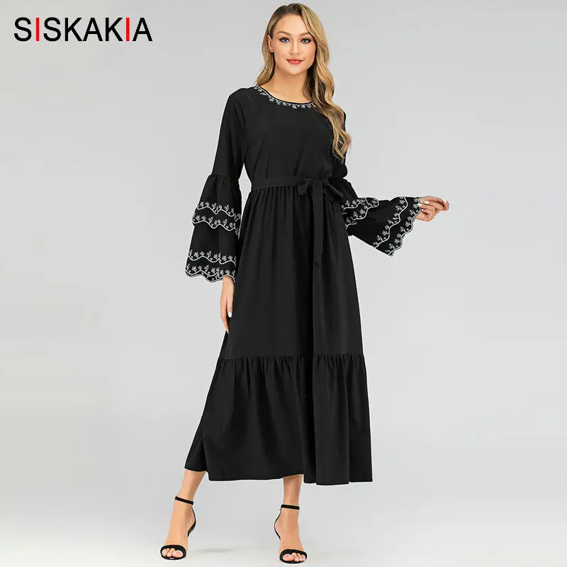 Женское платье макси Siskakia Черное короткое элегантное с цветочной вышивкой