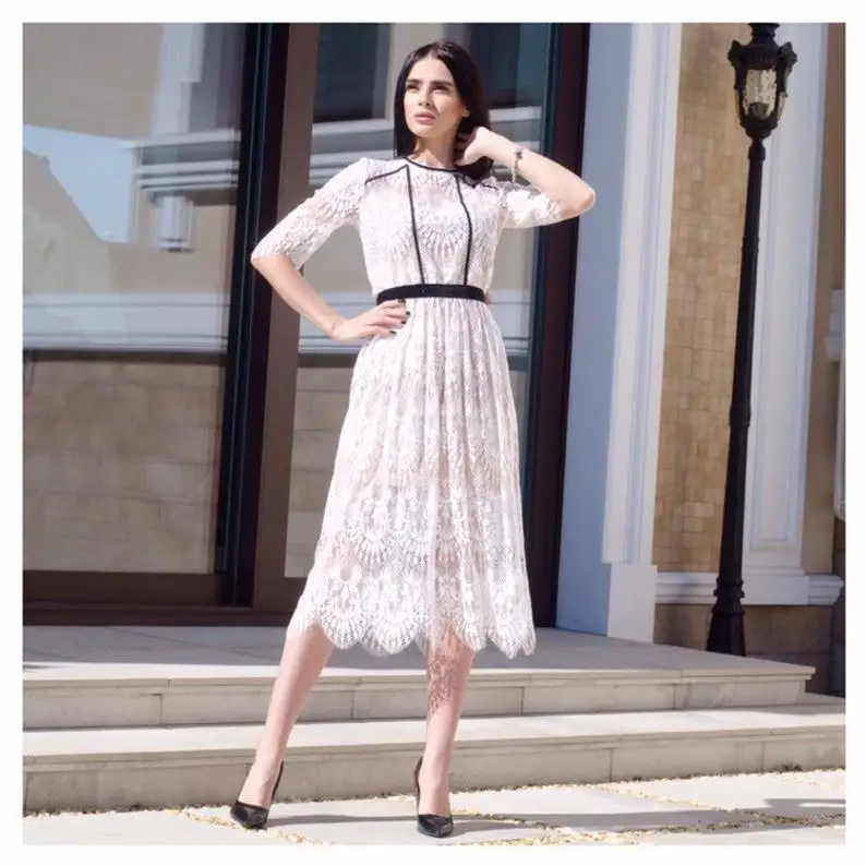 

Linglewei New Spring and Summer Women's Dress sexy lace round neck mid sleeve dress
