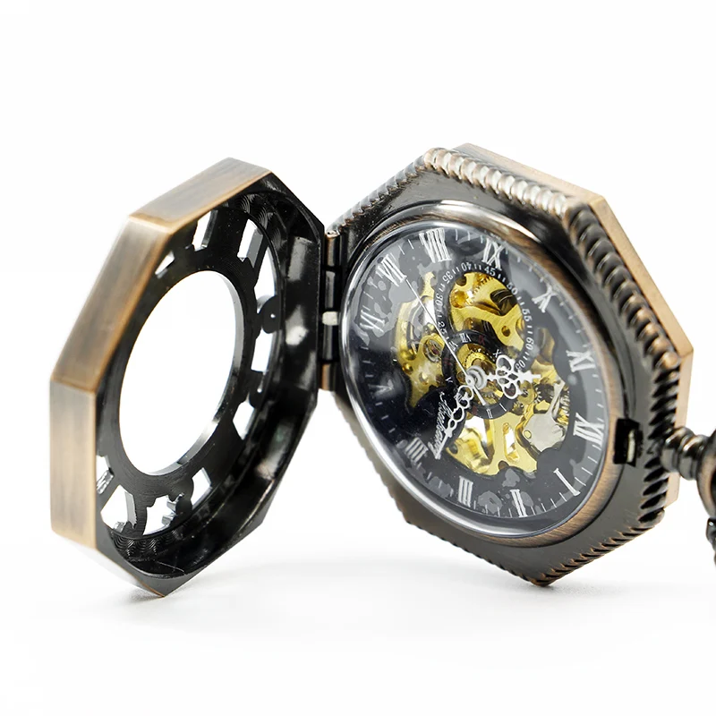 Многоугольные полые ретро механические карманные часы-цепочка скелетоны