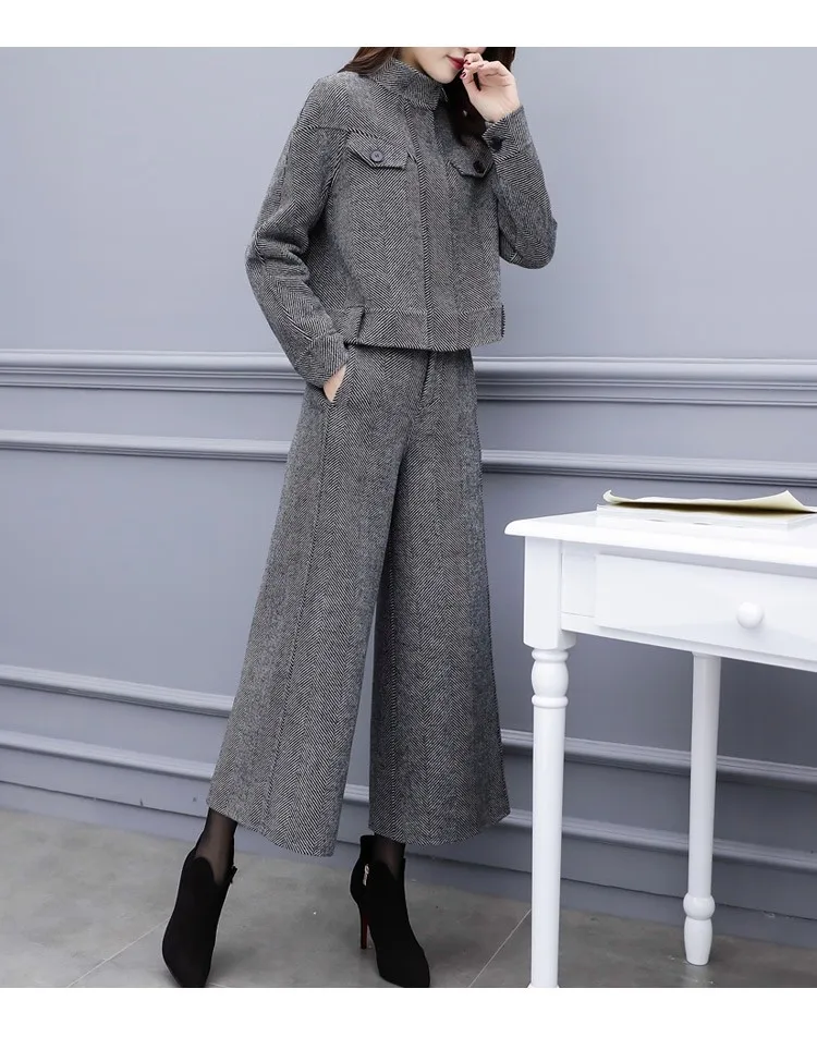 

2020 Winter Korean Woolen Warm Women Two Piece Pants Suits Sets Stand Collar Coat + Wide Leg Pants Outfits Ol Style Ladies Sets