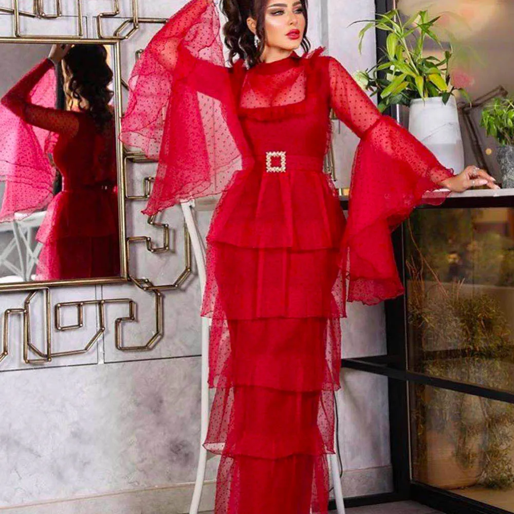 

red prom dresses 2020 long sleeve tiered sashes belt red floor length sheer evening dresses