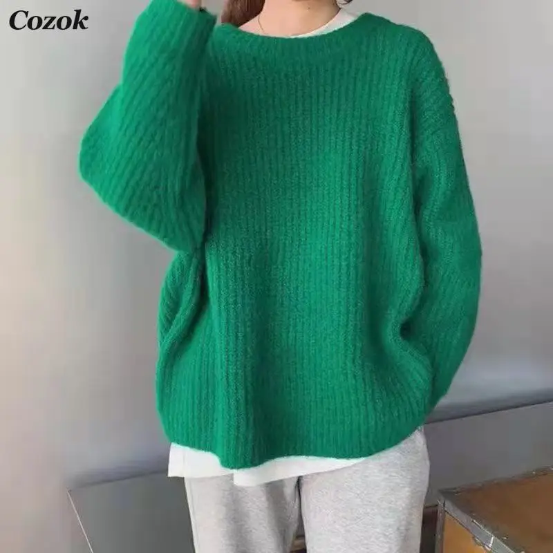 

Women's O-neck Thicken Knitted Sweater 2021 Autumn Winter New Loose Casual Long Sleeve Pullovers Female Solid Oversized Tops