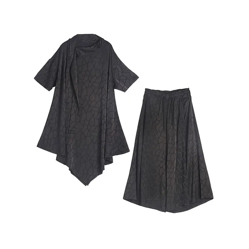 

XITAO Solid Color Women Pants Sets Bow Splicing O-neck Collar Large Size Top Fashion Loose Wide Leg Ankle-length Pants CLL1425