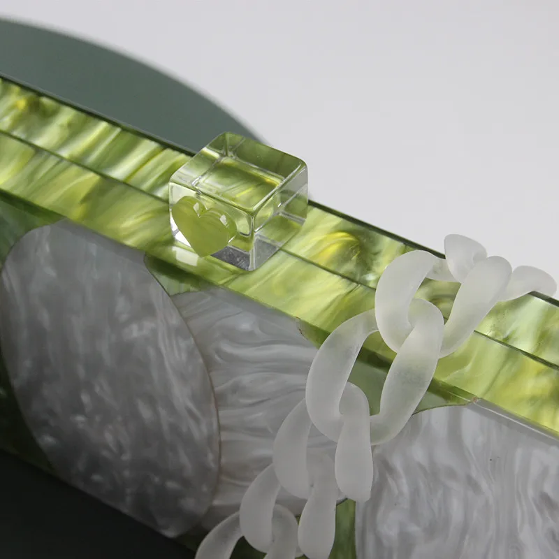 

9.5 Inch Women Green White Heart Carving Acrylic Handbag , Luxury Wedding Party Evening Bag , Lady Box Clutch Purse