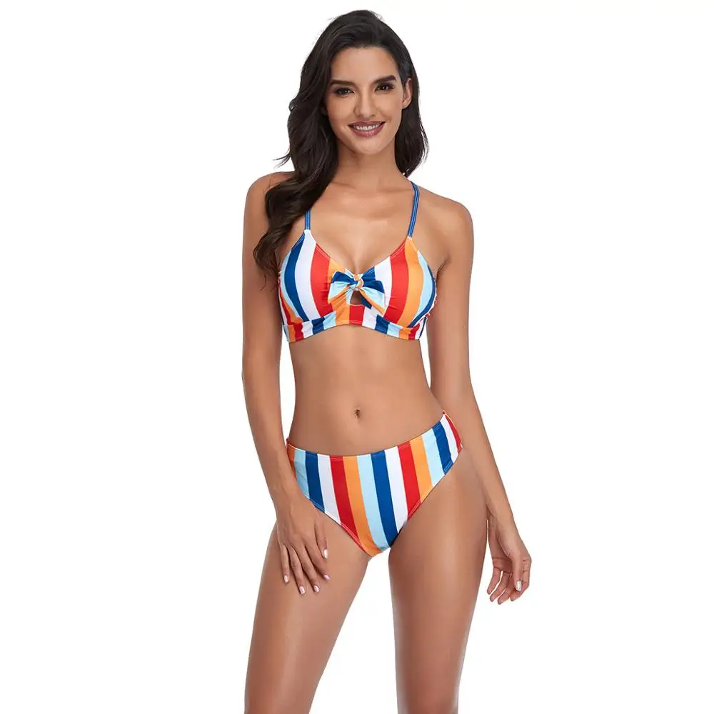 

WTCandy New 2021 Print Rainbow Striped Bikini Set Women Mid Waist Swimsuit Tie Knot Swimwear Beach Biquini Summer Bathing Suit