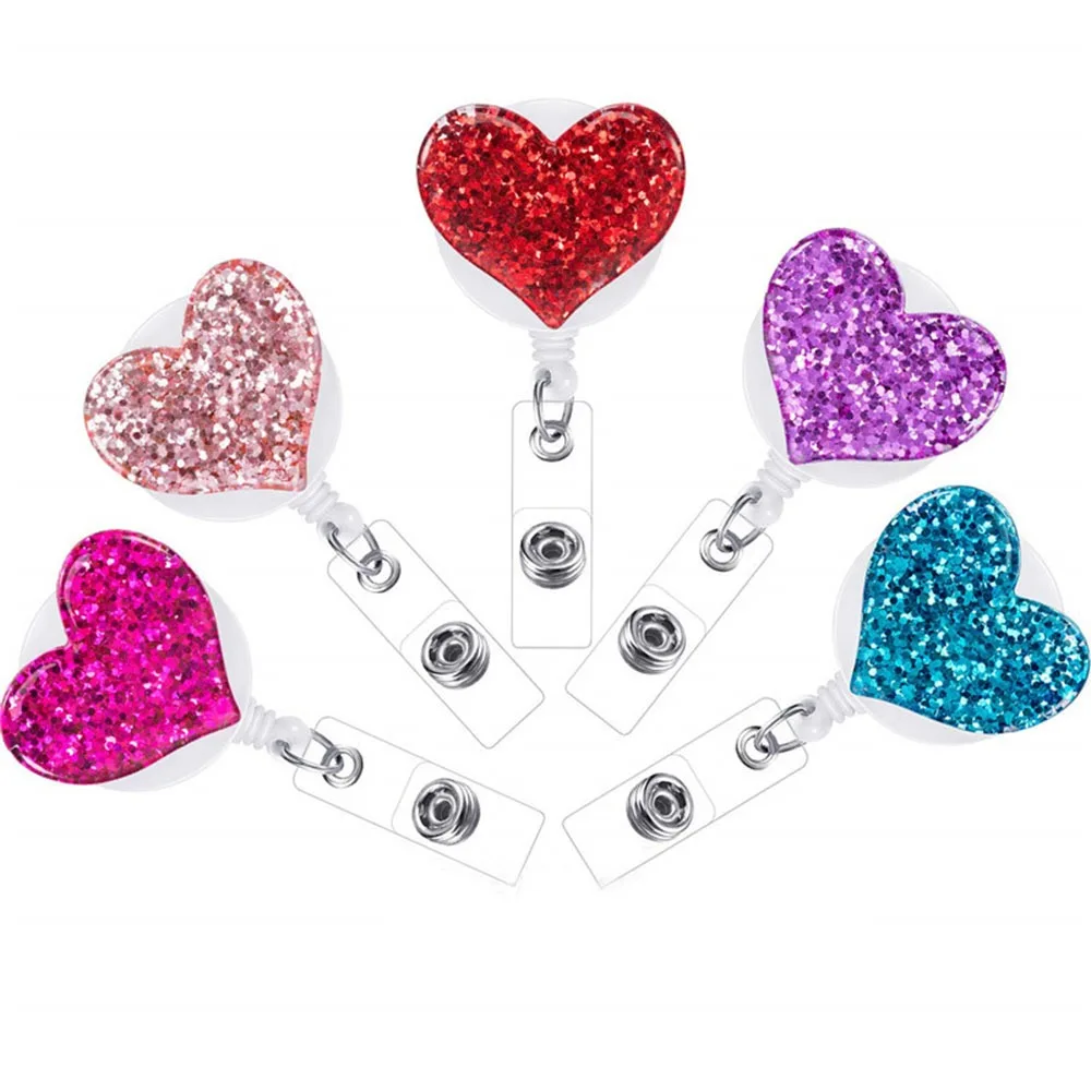 

New Design 1 Piece Retractable Nurse Badge Reel Clip Fashion Rhinestone Love Heart Series Students IC ID Card Badge Holder