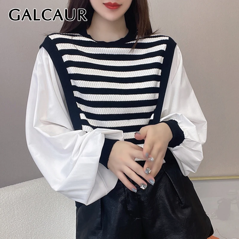 

GALCAUR искусственный свитер из двух частей для женщин с круглым вырезом лоскутный полосатый Свободный пуловер Женская корейская модная одежд...