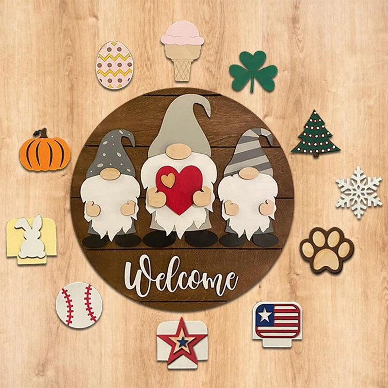 

Faceless Doll Gnome Welcome Sign In Round Outdoor Hanging Wooden Plaque Home Wall Porch Decor Bar Christmas Doorway Decoration