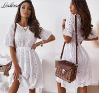 fashion o neck short sleeve cotton white lace woman mini dress 2021 summer casual beach hollow out dresses for women robe femme