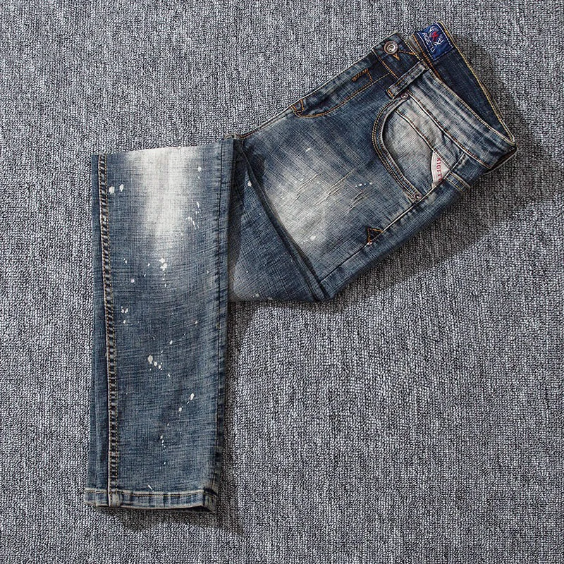 Newly Street Fashion Men Jeans Retro Blue Elastic Slim Ripped Jeans Men Distressed Vintage Designer Splashed Denim Plain Pants
