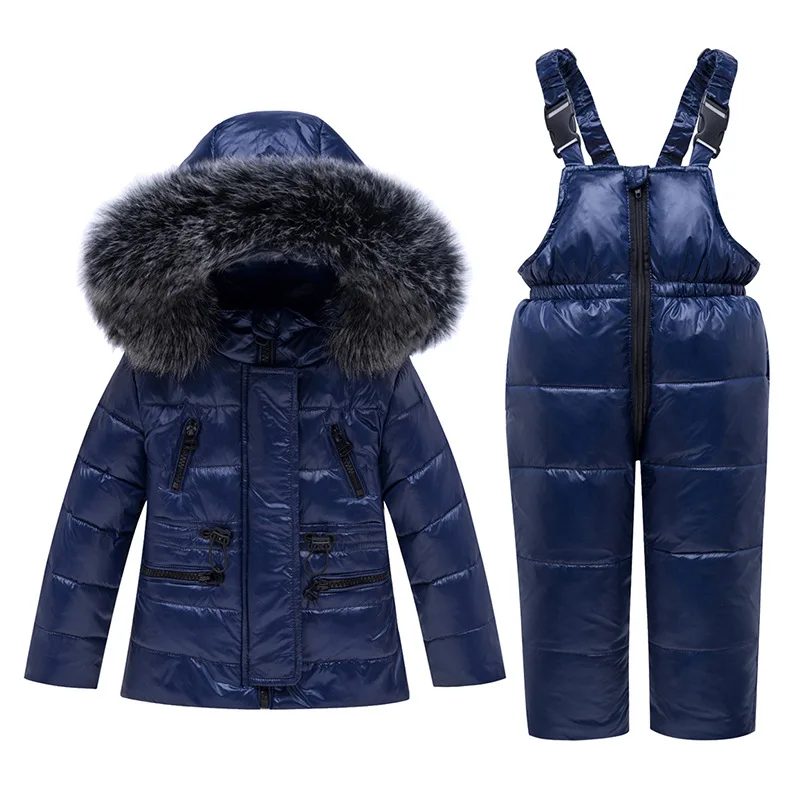 Winter Thick Warm Baby Kids Down Clothing 2 Piece Sets Faux Fur Collar Hooded Jackets+Bib Pants Infant Toddler Outfits 2-5T | Детская