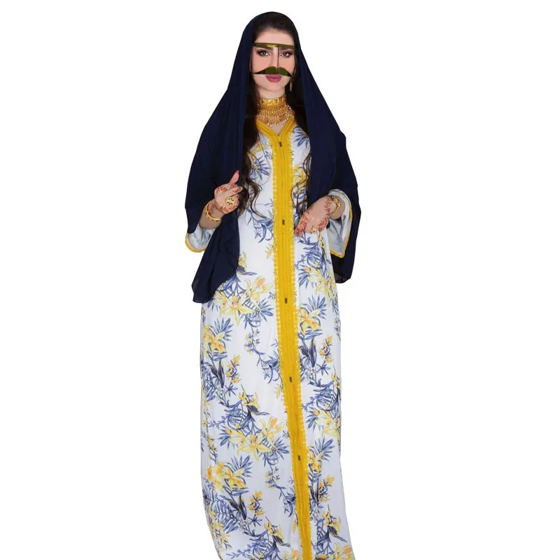 Экзотические Кафтан Макси-платье с длинными рукавами с принтом «Принцесса для женщин 2021 Новый Дубайская модная абайя Ленты V образным вырез...
