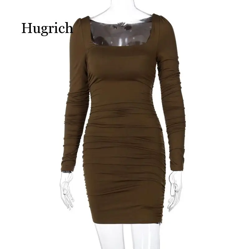 

Autumn and Spring 2021 New Elegant Slim Long Sleeve Pleated Solid Color Dress Girl Office Wear
