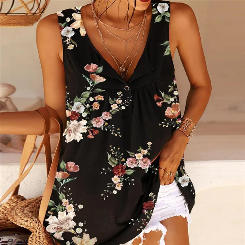 

Women Tops Summer 2021 Floral Print Blouses Sleeveless Pullover Beach Streetwear Women Clothing Casual Loose Women Blouses