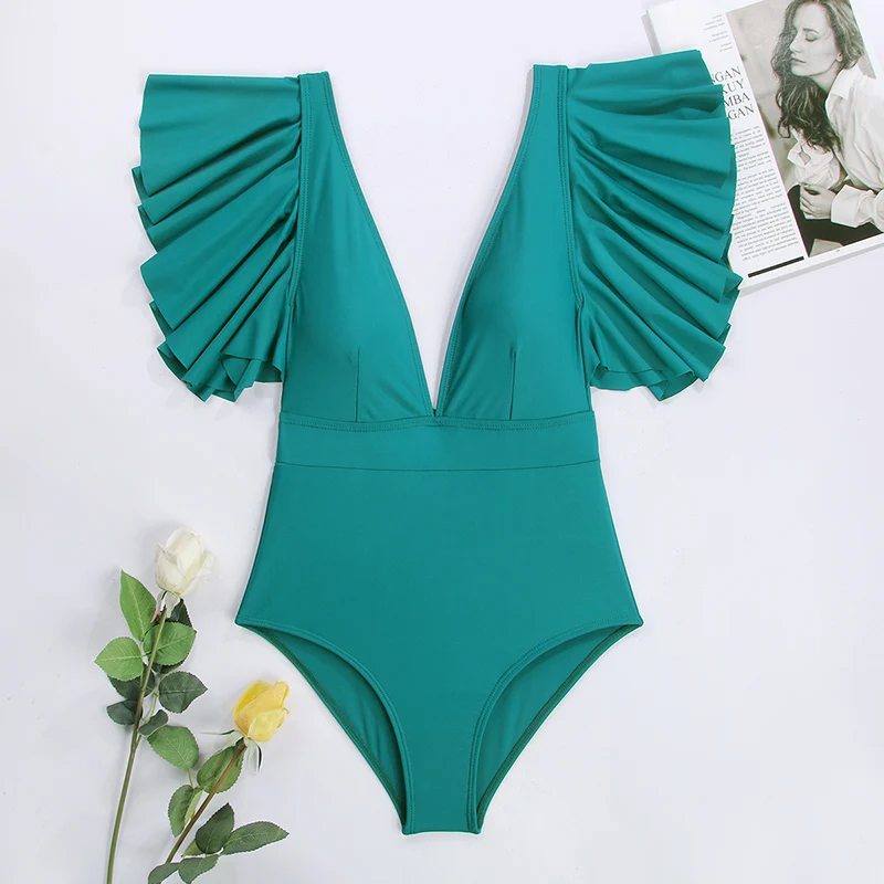 Женский купальный костюм с оборками сексуальный купальник глубоким v-образным