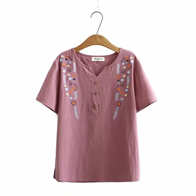 

Plus Size Women Cotton Floral Embroidered Tshirts Slim Causal Short Sleeve Female T-shirts Pink Blue Summer Tops