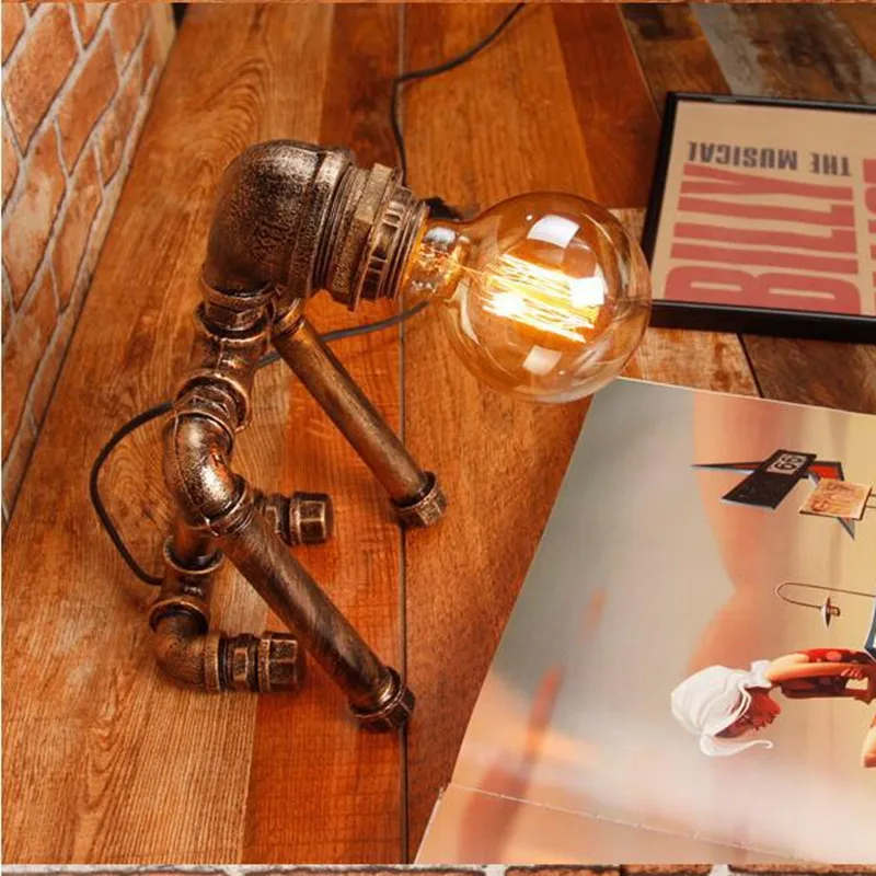 American Creative Personality Robot Table Lamp Nordic Cetro Industrial Antique Copper Water Pipe Table Lamp For Desk Bedroom