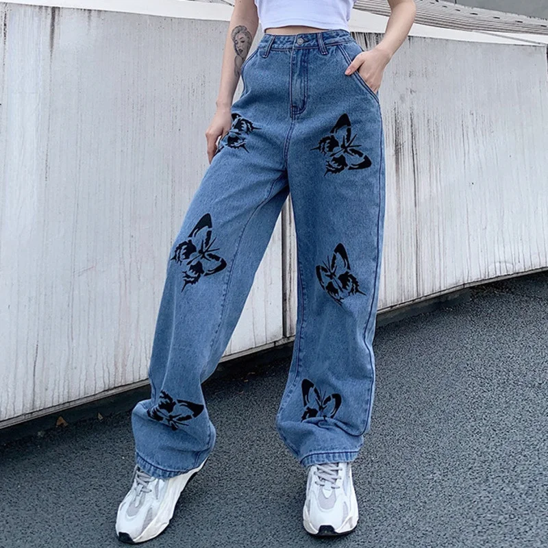

2021 New Summer Vintage Jeans Woman Long Trousers Cowboy Female Loose Streetwear Butterfly Print Pants ZA4110