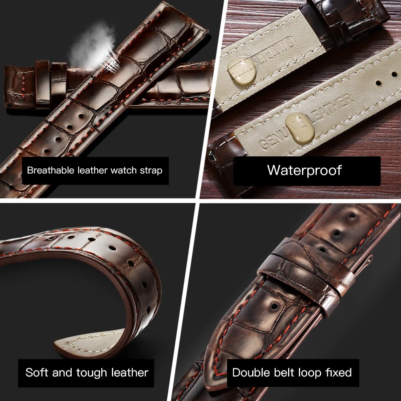 

OUPINKE Crocodile Leather Watchband Genuine Leather Strap 20mm Black Brown Women Men Watch band