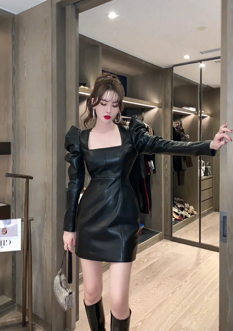 

YiMinpwp Feather Women Dress Square Puffy Long Sleeve Sheath Short Winter Autumn PU Lady Prom Party Gown vestidos High Quallity