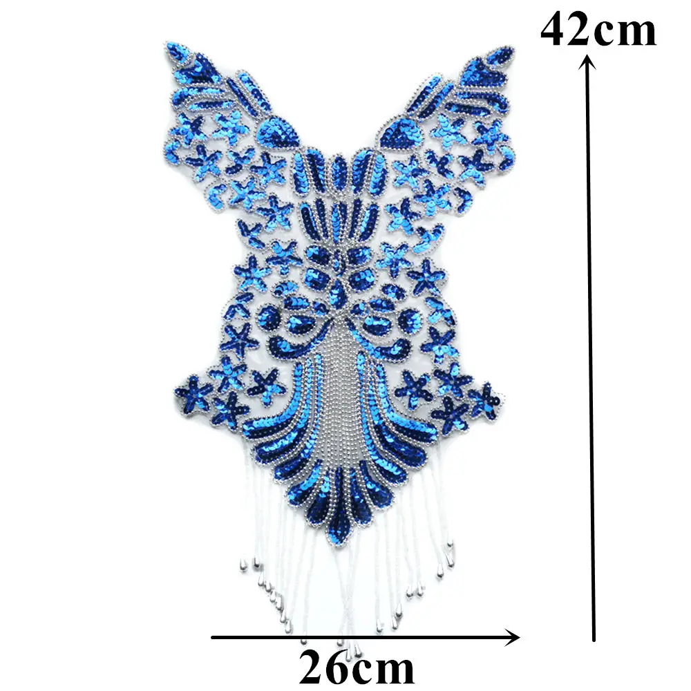 Золотой серебряный синий блесток кружевной ткани с бусинами кисточка свадебное