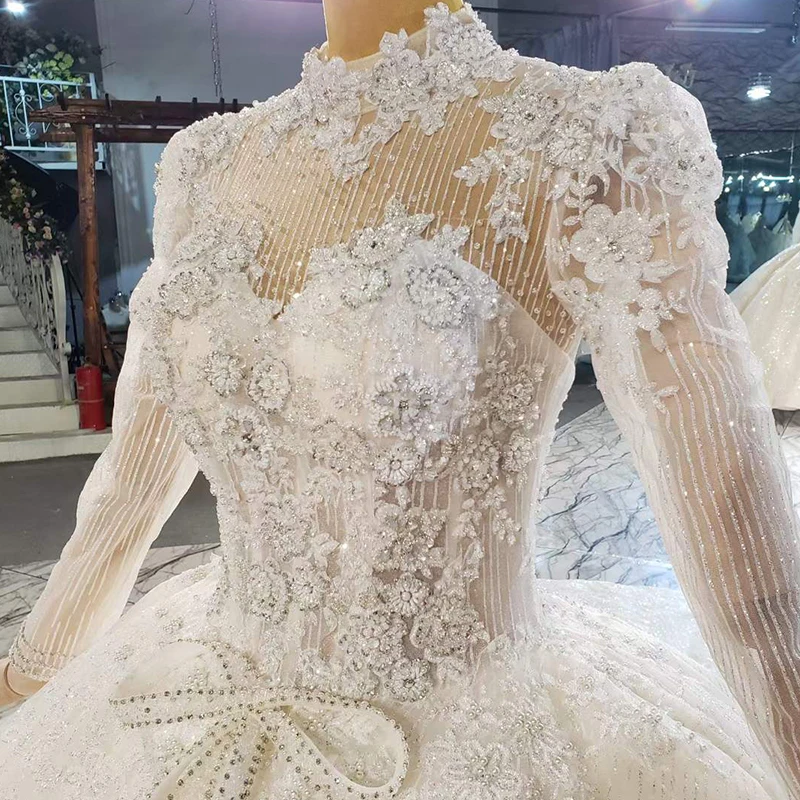 HTL2082 Long Sleeve Luxurious Sexy V-Neck Crystal Beading Sequined Wedding Dress 2021 For Woman Ball Gowns