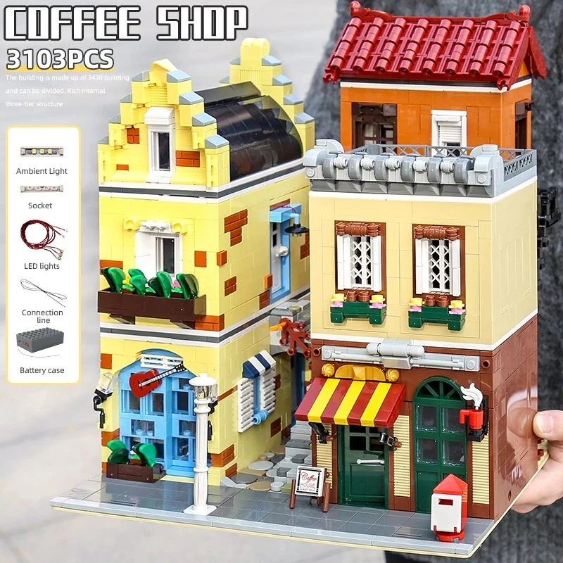 

City Street View Building The Coffee House With LED Lighting Sets Building Blocks 3103Pcs Bricks Kids Educational Toys Gifts