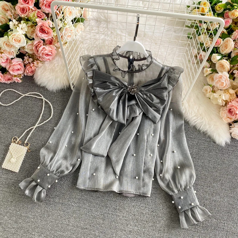 

2021 Spring Autumn New Chiffon Shirt Women Stand-up Collar Bow Tie Ruffled Lantern Sleeve Bottoming Shirt Top C086