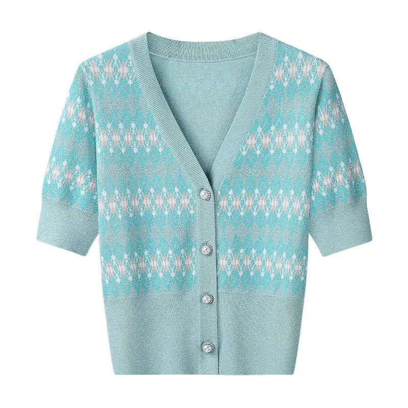 

2021 new women's wear summer new light green knitted bottomed Shirt Short Sleeve small fragrance versatile short T-shirt