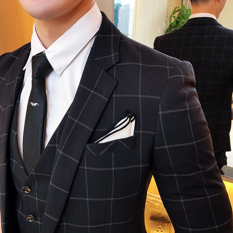 ( Jacket + Vest Pants ) Mens Fashion Boutique Plaid Formal Business Suit 3 Piece / Groom Wedding Dress Half Sleeve Suits | Мужская