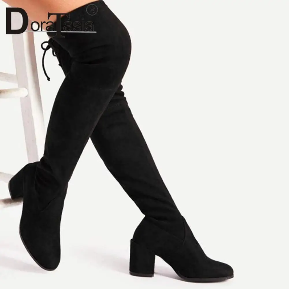 

Big Size 43 New Female Solid Thigh High Sock Boots Fashion Thick High Heels Over The Knee Boots Women Party Office Shoes Woman