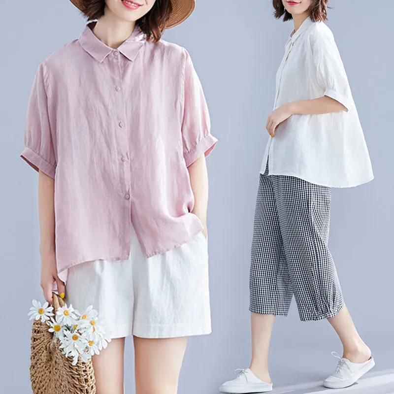 

Thin Cotton Linen Women Shirts 2020 Summer New Turn-Down Collar Loose Solid Casual Female Shirts Outwear Coat Tops