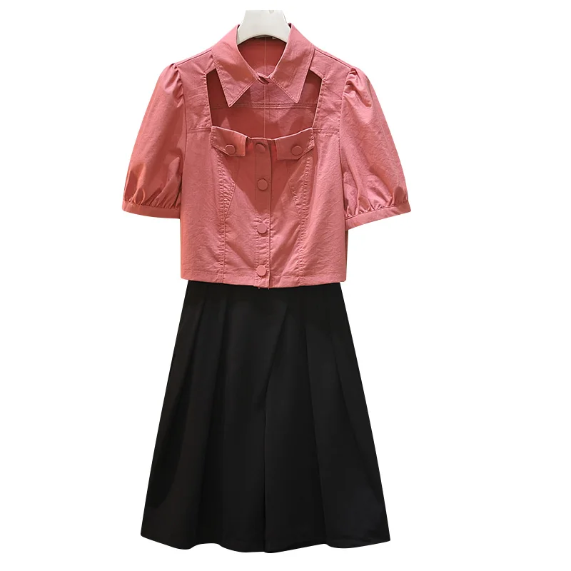 

EHQAXIN 2021 Summer Women's New Fashion Hollow Button Large Size Personality Solid Color Top + Black Hakama Two-Piece Suit M-4XL