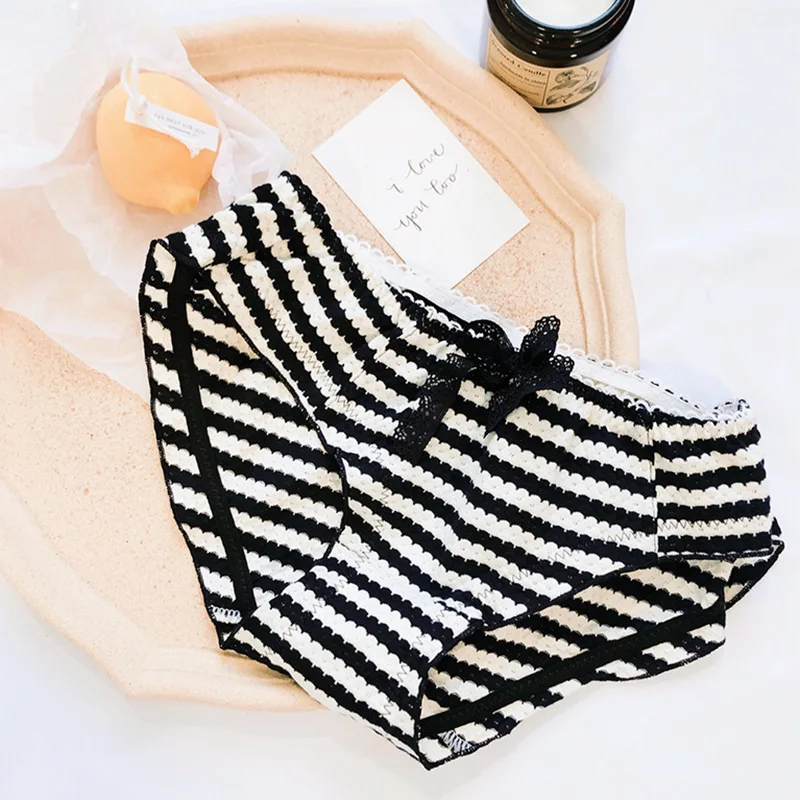 

Japanese Knitted Cotton Striped Bow Lace Studuent Underwear Cute Sweet Sexy Sports Ladies Mid-waist Briefs For Young Lady