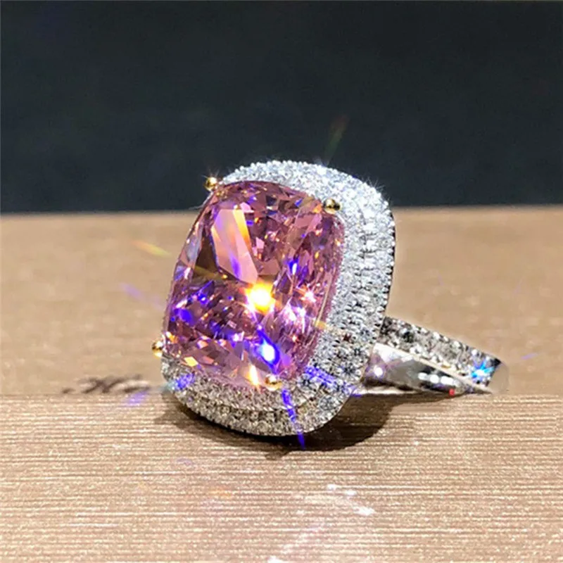 

Huitan Aesthetic Pink Rings with Bling Bling Cubic Zirconia Luxury Women Accessories for Party Novel Design Wedding Band Jewelry