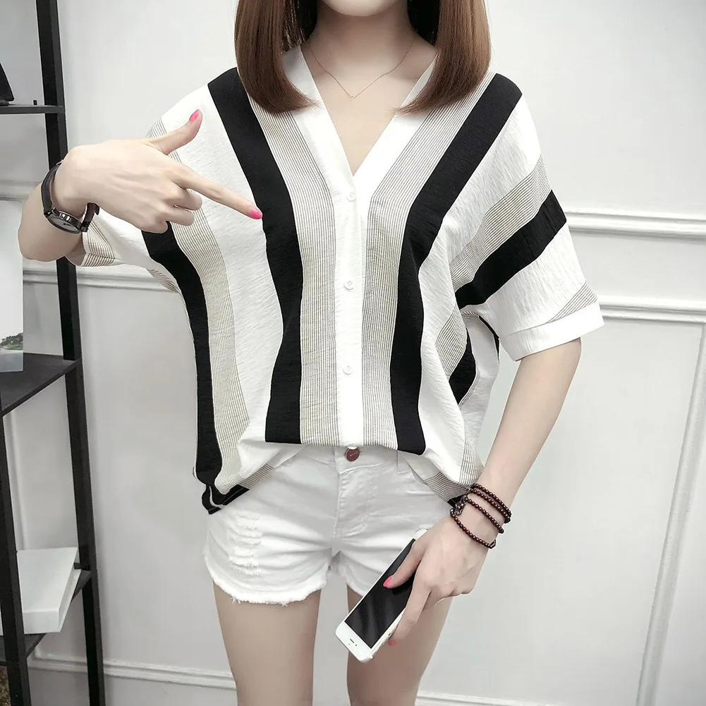 

Newly Women Short Sleeves Striped Shirt V-Neck Loose Office OL Summer Party Basic Tops m99