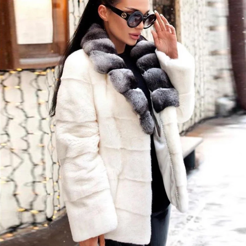 Fashion Genuine Mink Fur Jacket with Rex Rabbit Fur Turn-down Collar 2022 Trendy Women Casual Full Pelt Mink Fur Coats Genuine