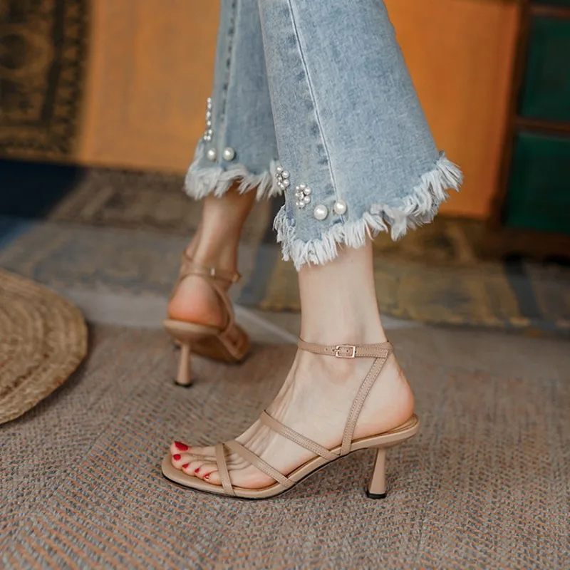 

Stylish Nude Sandals Women Shoes Ankle Strap Sandals Thin High Heels Buckle Strap Narrow Band Ladies Footwear Summer Beige 33-40