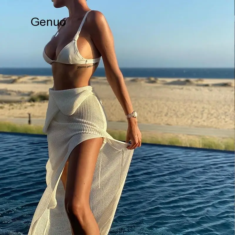 Вязаное пляжное платье макси для женщин прозрачное сексуальное с открытой