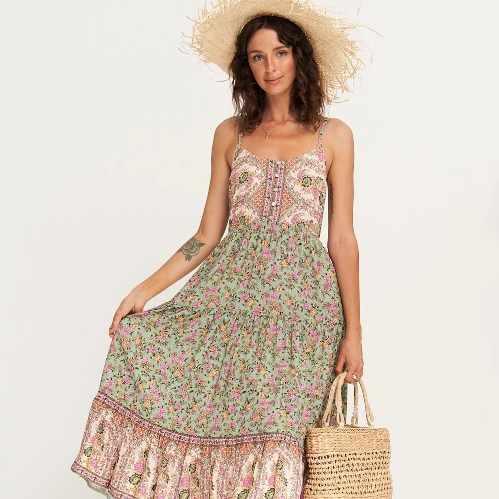 

2021 Summer New Bohemian Long Dress Floral Print Suspender Sexy Dress Casual Holiday Style Dress