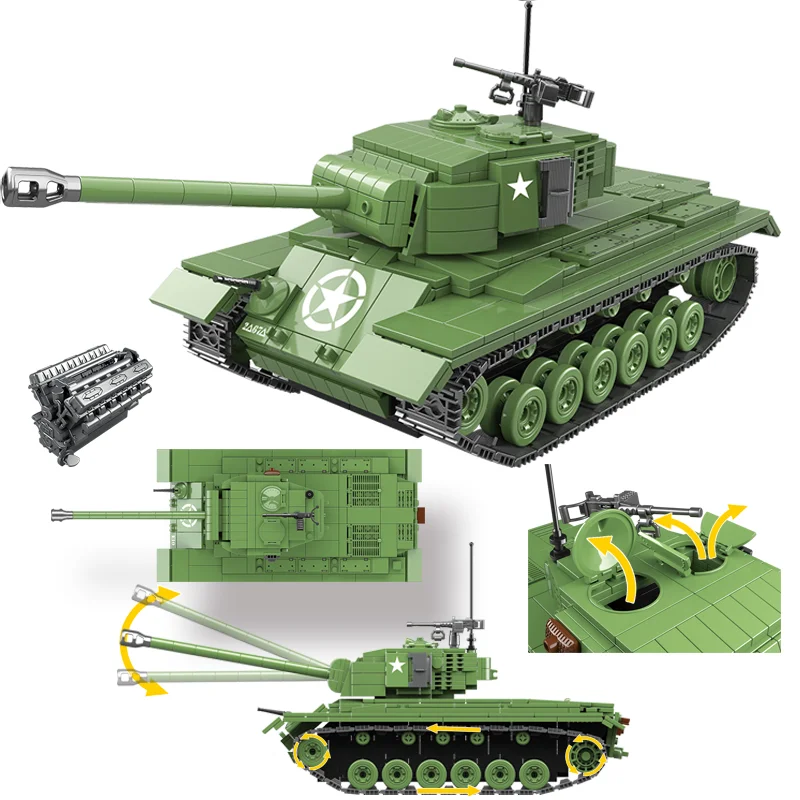 

Military Series World War II US Army M26 Heavy Tank Weaponry soldier DIY model Building Blocks Bricks Toys Gifts