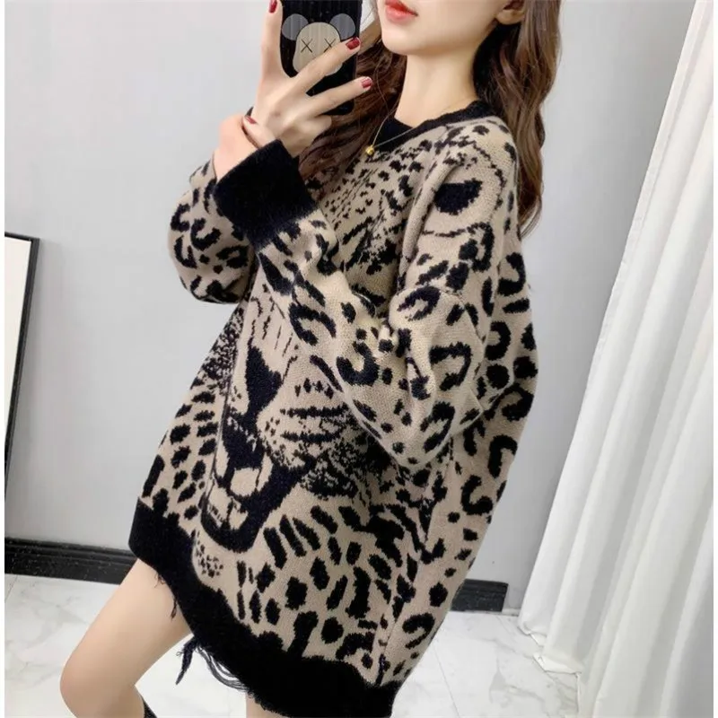 Женский трикотажный свитер YASUGUOJI повседневный с леопардовым принтом в стиле