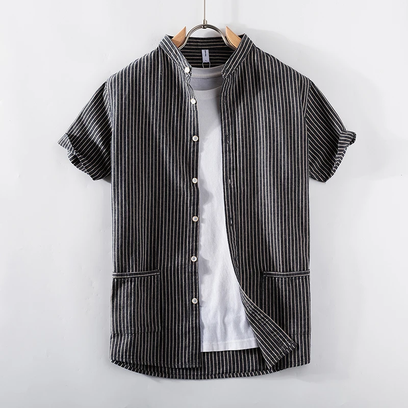 

1106 Japan Style Stripe Shirts Double Pockets Summer Men New Tops Short Sleeves Cotton Linen Stand Collar Casual Youth Blouse
